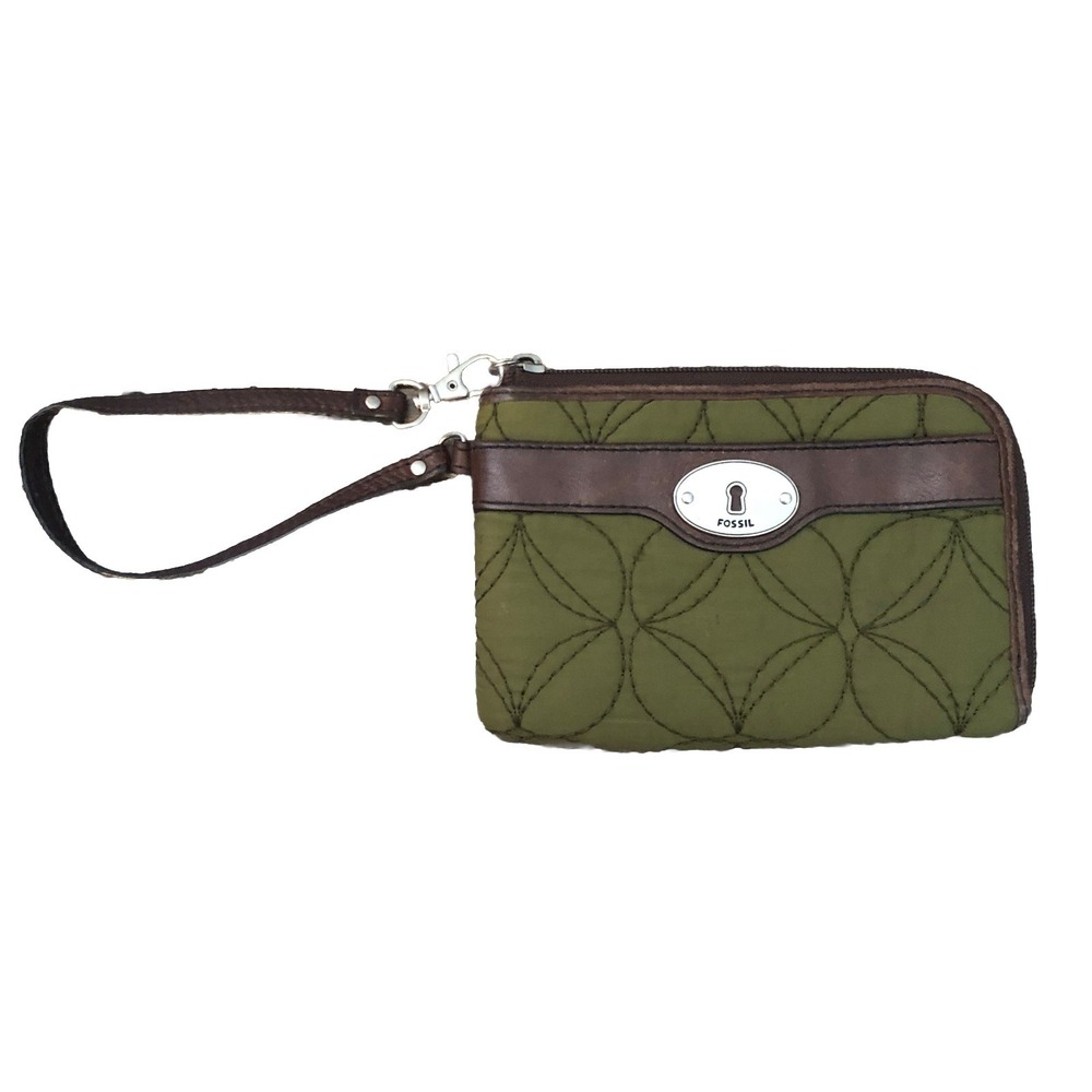 FOSSIL‎ Key-Per Wristlet Wallet Green Quilted Brown Leather Accent Small Purse